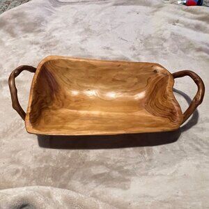 Hand Carved Burl Wood Handled Bowl/ Basket Rustic Exotic Resort Bread Fruit Trin